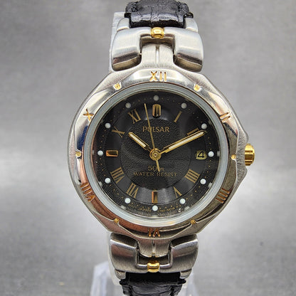 Seiko Pulsar Watch Women 27mm Black Dial Two Tone Date V7826B80 New Battery0