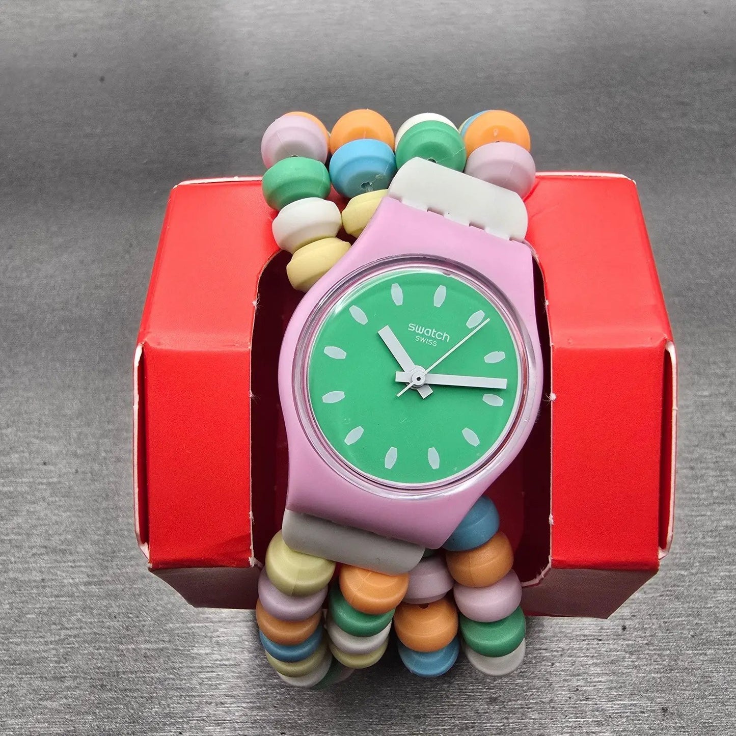 Swatch CARAMELLISSIMA Watch Women 25mm Green Dial Pink Case LP135B New Battery1