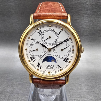 Seiko Pulsar Watch Men 33mm White Dial Gold Daydate V33F-7020 New Battery0