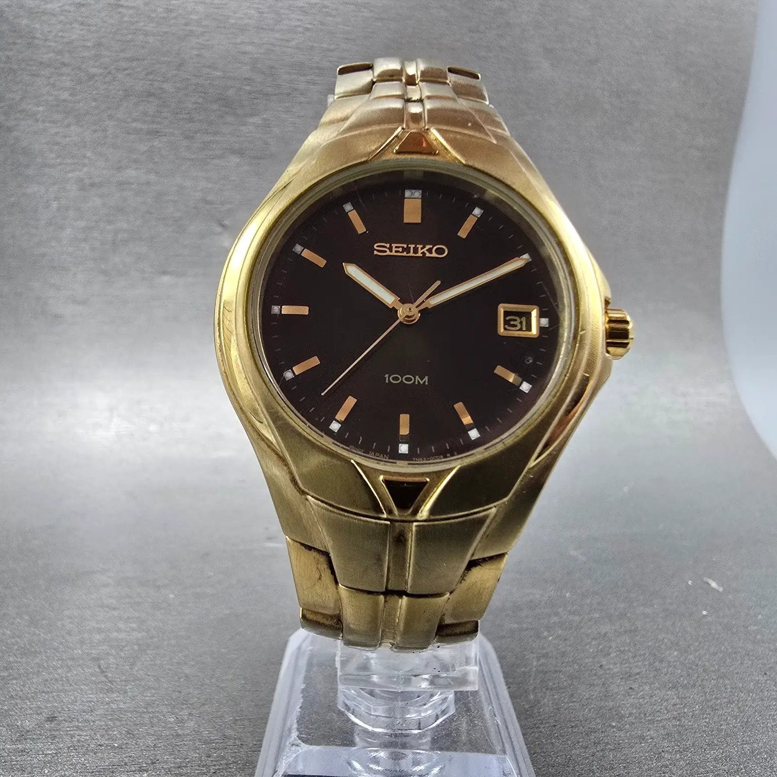 Seiko Watch Men 38mm Brown Dial Gold Tone Date Round 7N42-0BC0 PARTS Vintage6