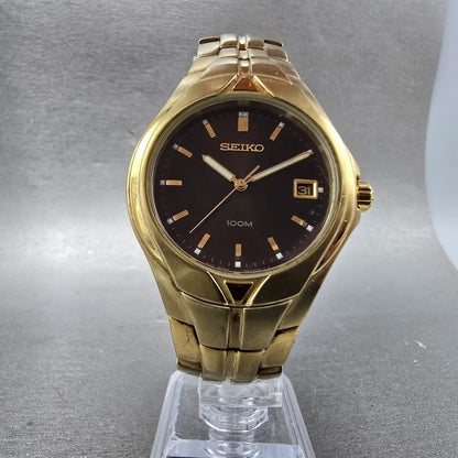 Seiko Watch Men 38mm Brown Dial Gold Tone Date Round 7N42-0BC0 PARTS Vintage6