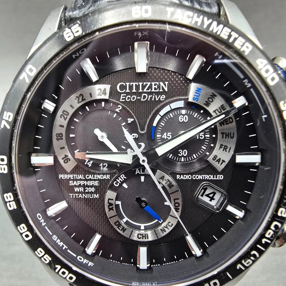 Citizen Eco-Drive Chronograph Watch Men 42mm Black Dial Titanium Date CB5908-57E1