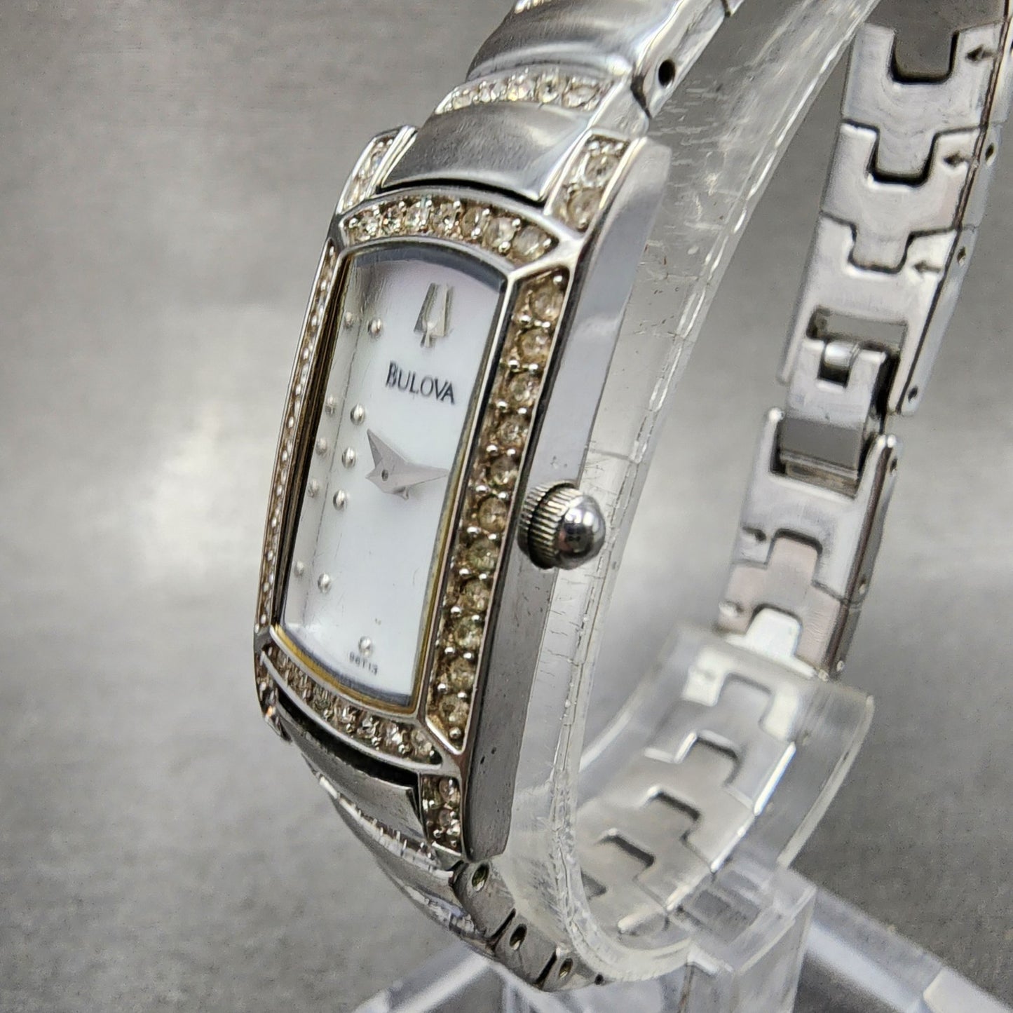 Bulova Tank Watch Women 15mm MOP Dial Silver Tone Crystal Accent 96T13 New Batt2