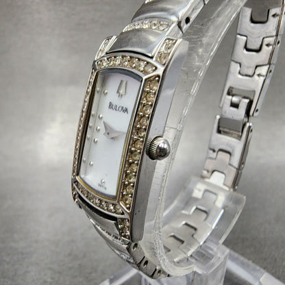 Bulova Tank Watch Women 15mm MOP Dial Silver Tone Crystal Accent 96T13 New Batt2