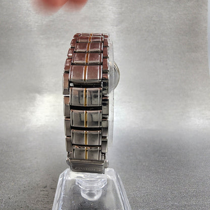 Seiko Solar Watch Women 28mm MOP Dial Two Tone Date Round V1820C70 Runs B12347