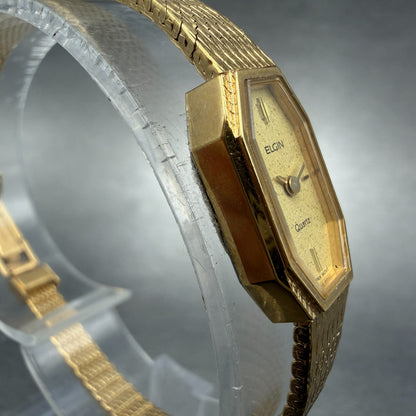 Elgin Watch Women 11mm Gold Dial Gold Tone Octagon New Battery Mesh band NOS3