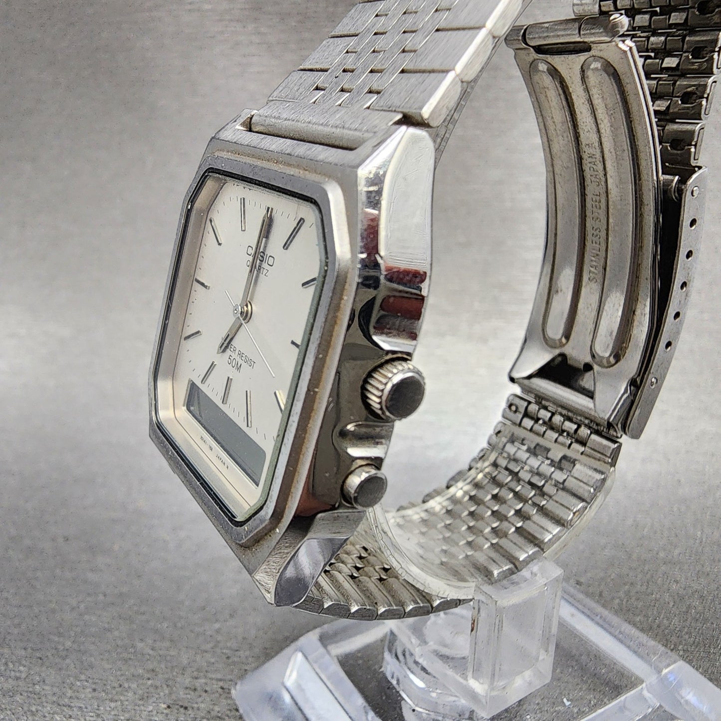 Casio AQ351 Watch Men 31mm Silver Dial Silver Tone Rectangle Alarm Chrono PARTS3
