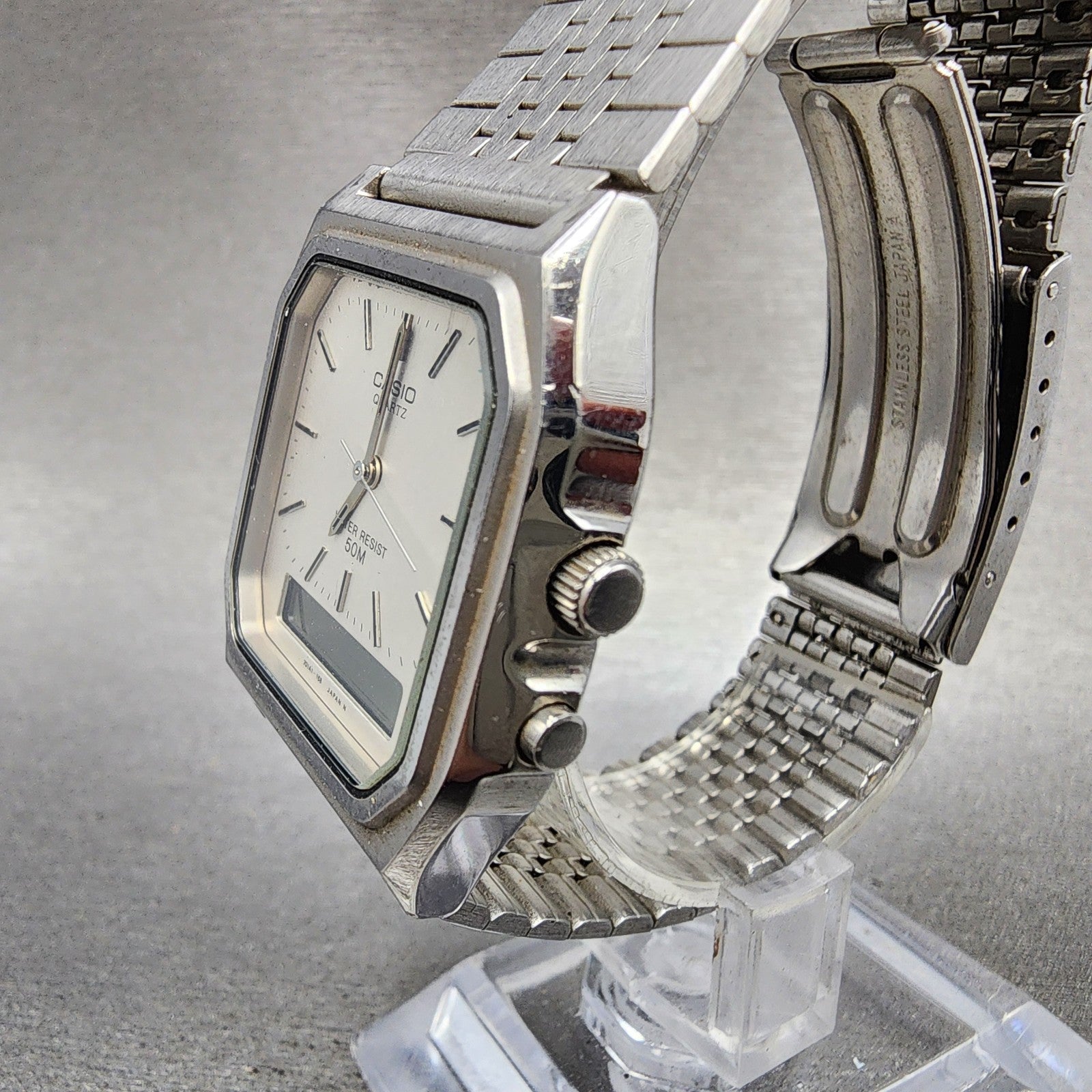 Casio AQ351 Watch Men 31mm Silver Dial Silver Tone Rectangle Alarm Chrono PARTS3