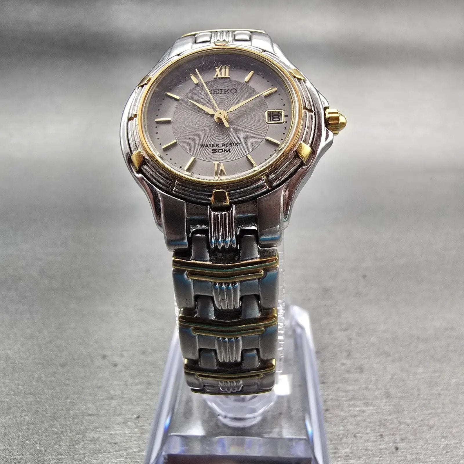 Seiko Watch Women 26mm Silver Dial Two Tone Date Round 7n82-0789 New Battery VTG5