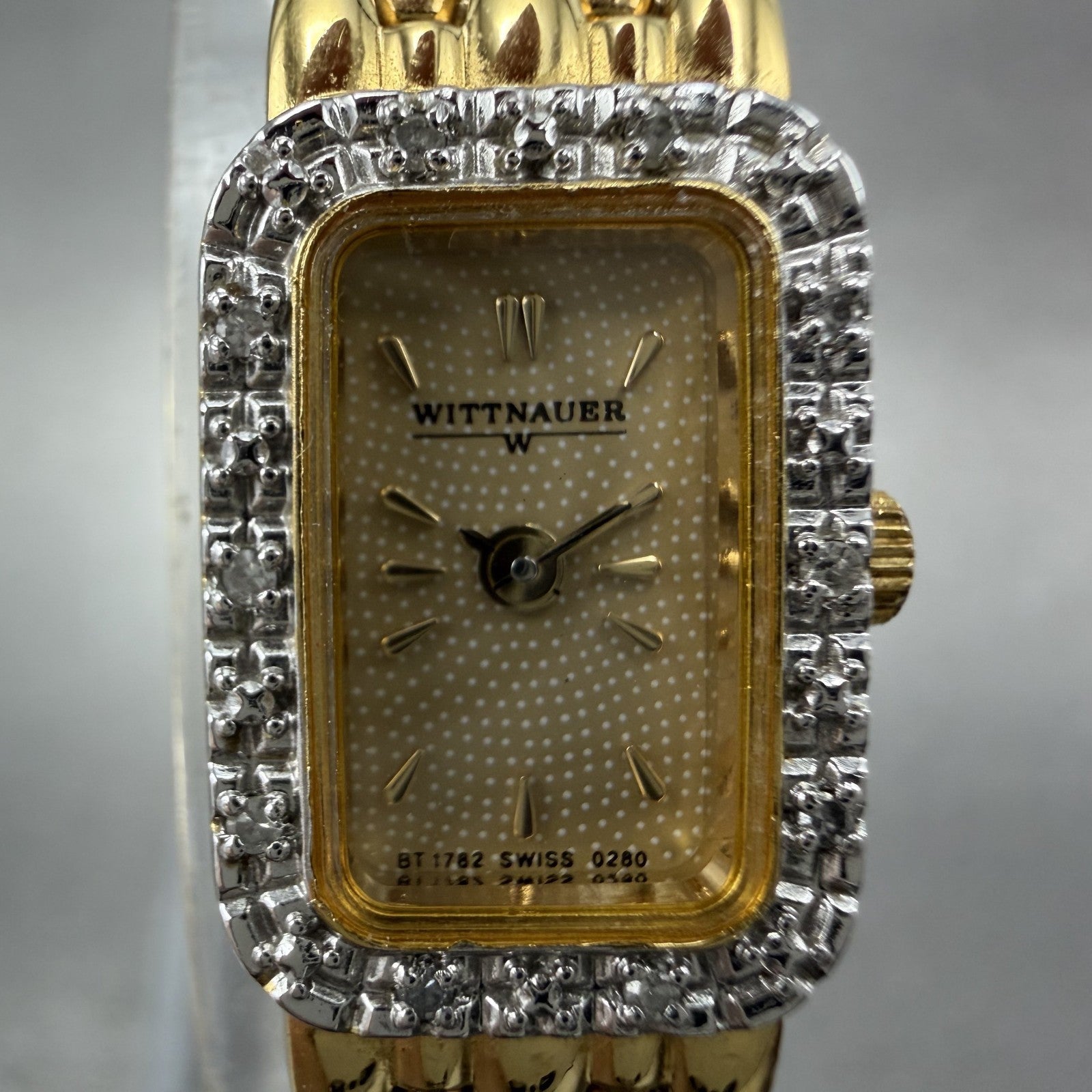 Wittnauer Tank Watch Women 13mm Gold Dial Gold Tone Crystal Bezel New Battery1