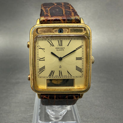 Seiko Tank Watch Men 28mm Analog Digital Gold Tone Alarm Chrono H249-5110 PARTS0