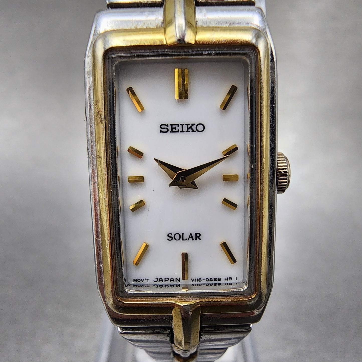Seiko Solar Tank Watch Women 15mm White Dial Two Tone Rectangle V1160ah0 Runs1