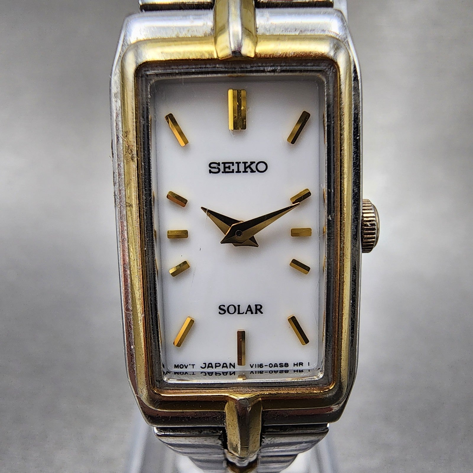 Seiko Solar Tank Watch Women 15mm White Dial Two Tone Rectangle V1160ah0 Runs1