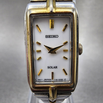 Seiko Solar Tank Watch Women 15mm White Dial Two Tone Rectangle V1160ah0 Runs1