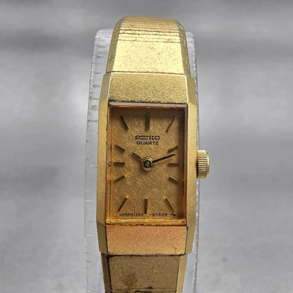 Seiko Watch Women 12mm Gold Dial Gold Tone Rectangle 1320-5049 New Battery VTG0