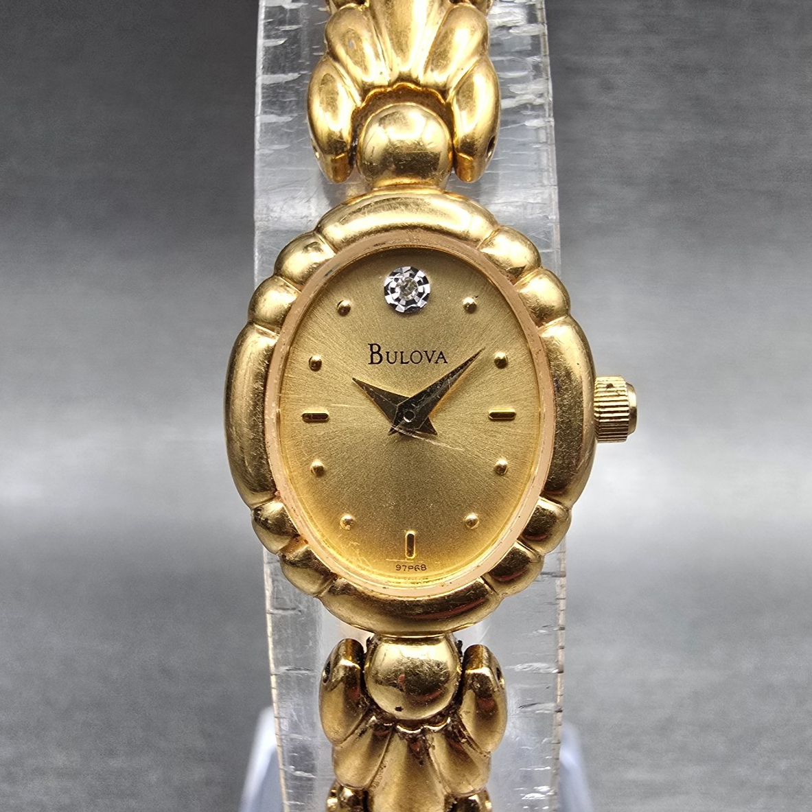 Bulova Watch Women 17mm Gold Dial Gold Diamond Oval 97P68 New Battery JP0