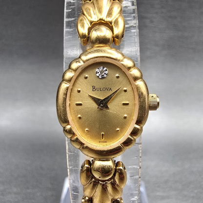 Bulova Watch Women 17mm Gold Dial Gold Diamond Oval 97P68 New Battery JP0