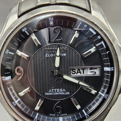 Citizen Eco-Drive Attesa Watch Men 41mm Black Dial Titanium Atomic Daydate PARTS3