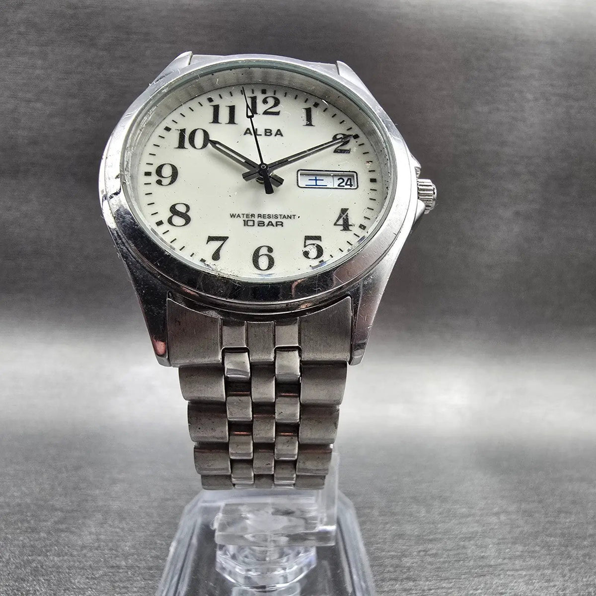 Seiko Alba Watch Men 35mm Luminous Dial Silver Tone Daydate 7N33-K002 New Batt5