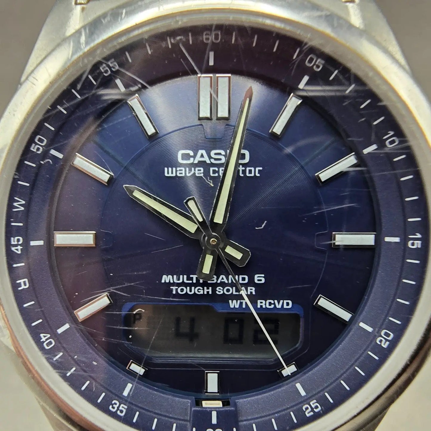 Casio Wave Ceptor Watch Men 42mm Blue Dial Steel Solar Alarm Daydate WVA-M6301