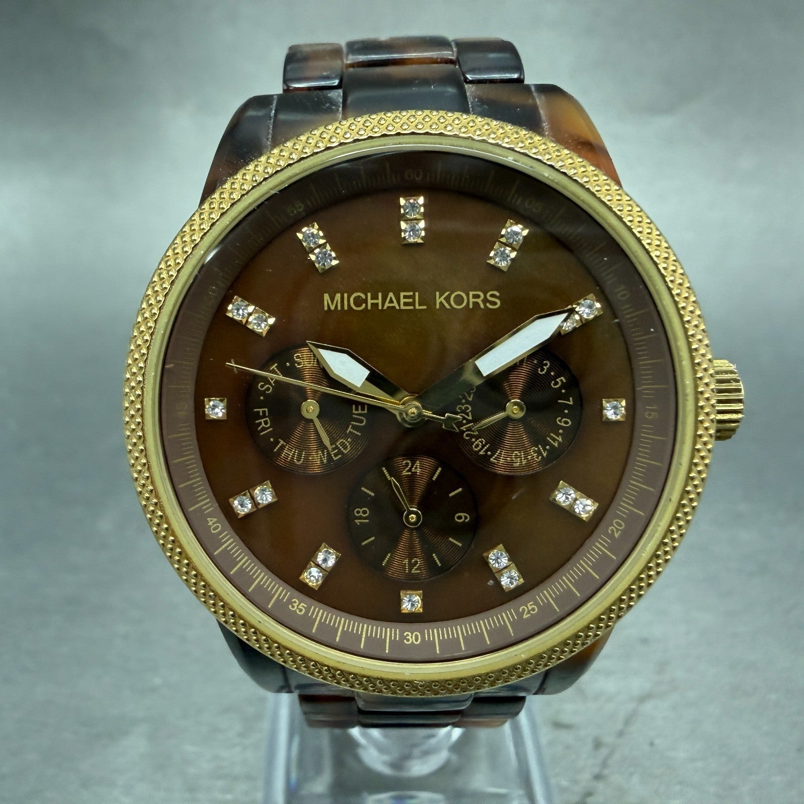 Michael Kors Watch Women 37mm Brown Dial Gold Brown Tone Daydate New Battery PT0