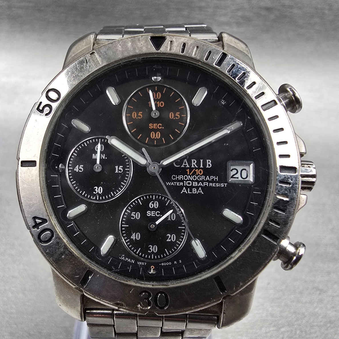 Alba Carib Chronograph Watch Men 38mm Black Dial Silver Tone V657-6000 New Batt1