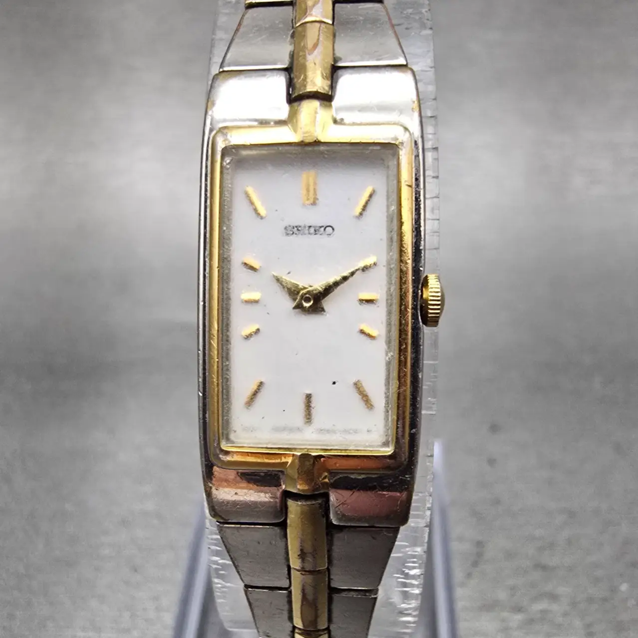 Seiko Watch Women 13mm White Dial Two Tone Rectangle 2E20-7479 New Battery VTG0
