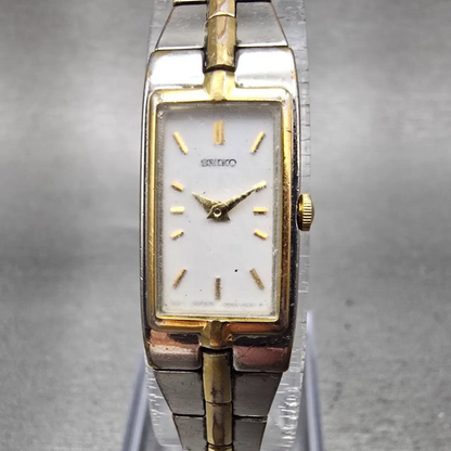Seiko Watch Women 13mm White Dial Two Tone Rectangle 2E20-7479 New Battery VTG0