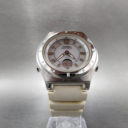 Casio Wave Ceptor Watch Women 35mm White Dial Silver Tone Analog Digital Works5