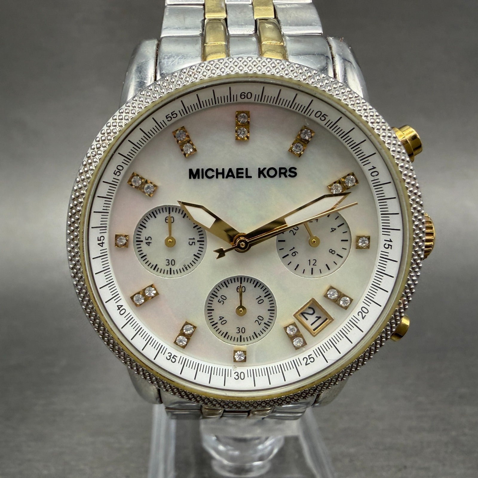 Michael Kors Ritz Chronograph Watch Women 37mm MOP Dial Two Tone New Battery0