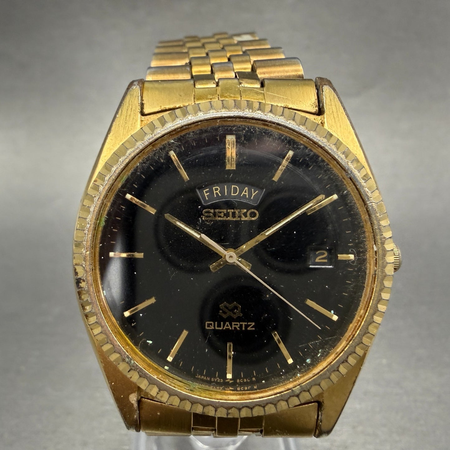 Seiko SQ President Watch Men 36mm Black Dial Gold Tone Daydate 5Y23-8A69 PARTS0