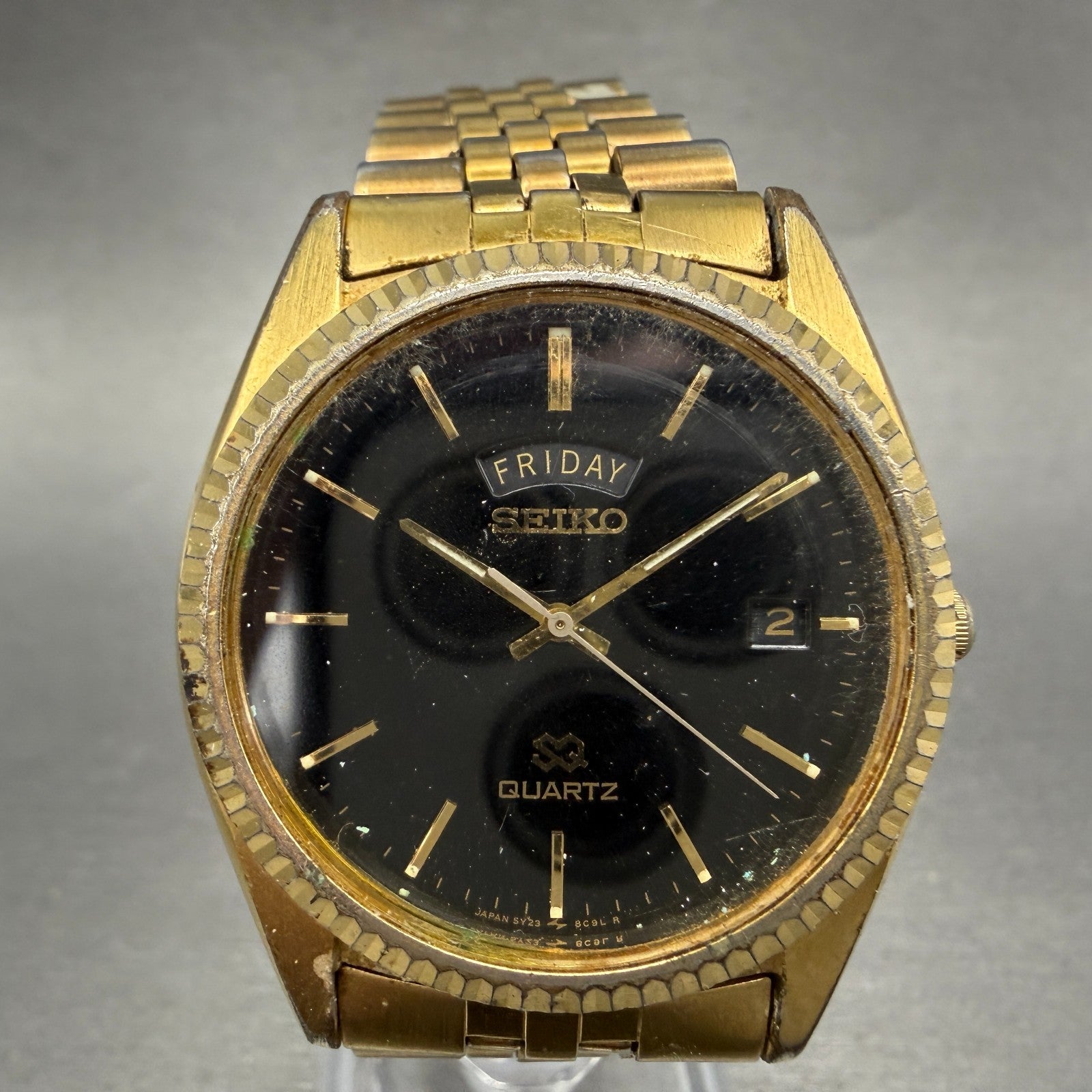 Seiko SQ President Watch Men 36mm Black Dial Gold Tone Daydate 5Y23-8A69 PARTS0