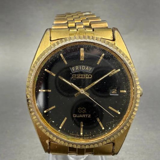 Seiko SQ President Watch Men 36mm Black Dial Gold Tone Daydate 5Y23-8A69 PARTS0