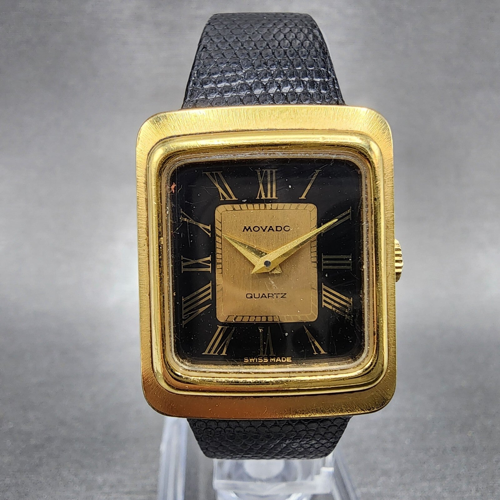 Movado Tank Watch Women 22mm Black & Gold Dial Gold Tone Rectangle New Battery0