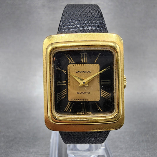 Movado Tank Watch Women 22mm Black & Gold Dial Gold Tone Rectangle New Battery0