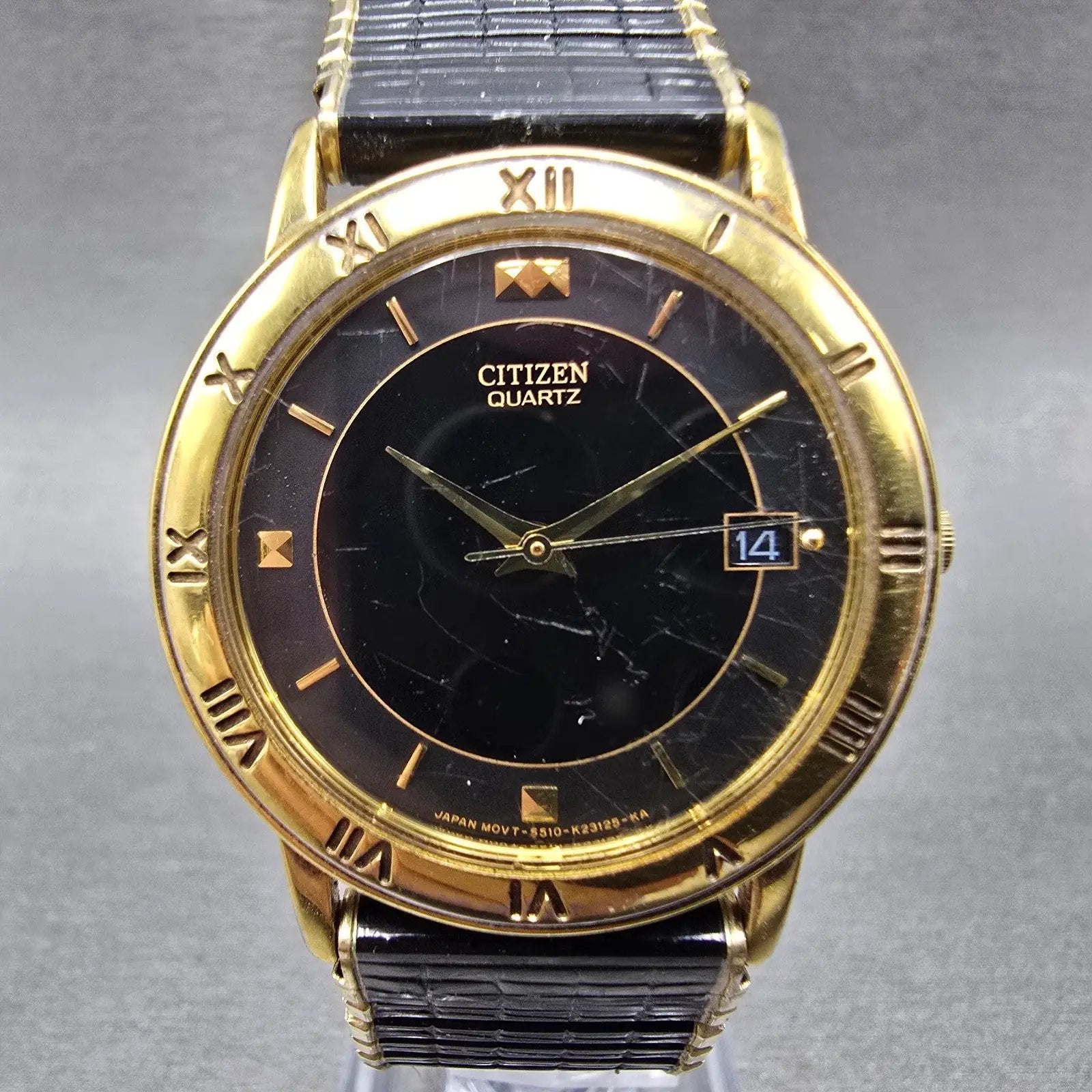 Citizen Watch Men 33mm Black Dial Gold Tone Date Round 5510-K06860 New Battery F0
