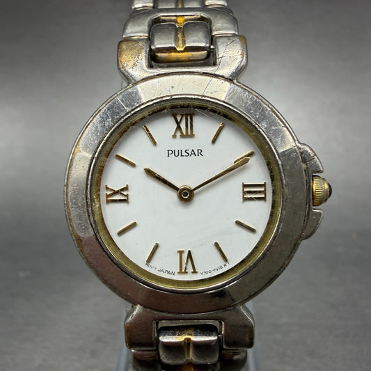 Pulsar Watch Women 28mm White Dial Two Tone Round V700-6330 New Battery0