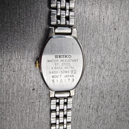 Seiko Watch Women 17mm White Dial Two Tone Oval V400-5789 New Battery Vintage10