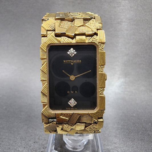 Wittnauer QWR Tank Watch Men 23mm Black Dial Gold Tone Rectangle New Battery0