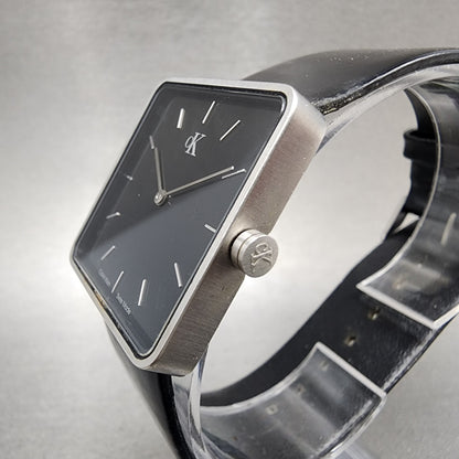 Calvin Klein Watch Women 30mm Black Dial Silver Tone Square Leather New Battery2