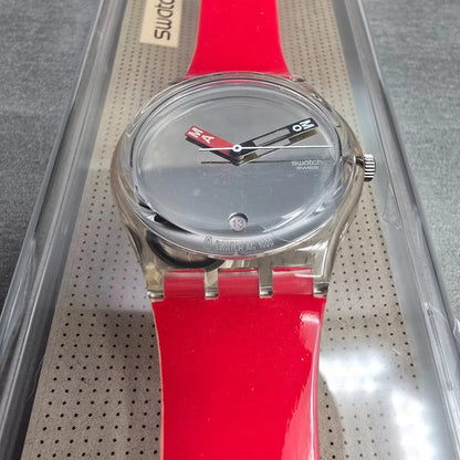 Swatch MoMA Red Watch Men 34mm Silver Dial Clear Case GZ406D New Battery NOS6