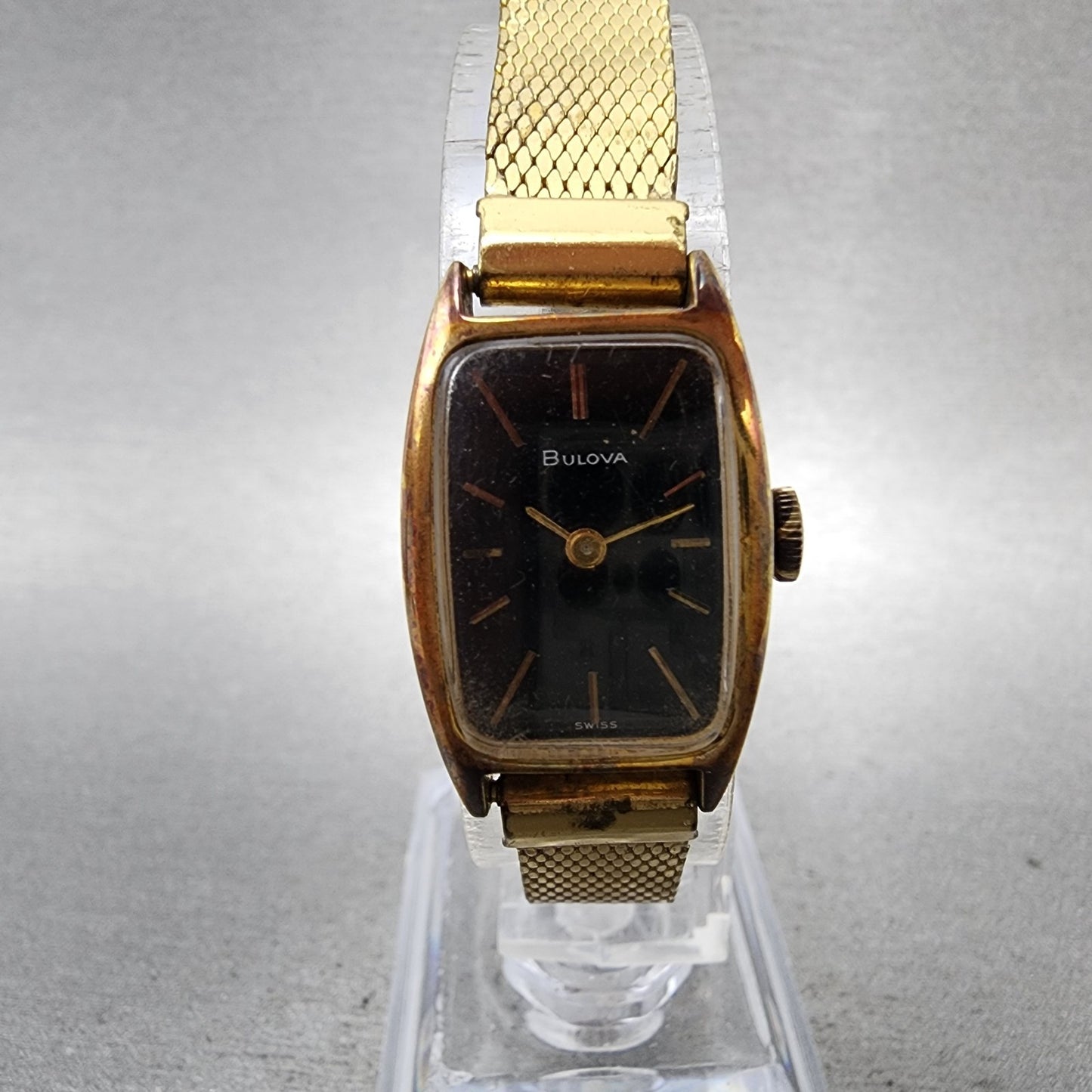 Bulova Tank Watch Women 17mm Black Dial Gold Tone Rectangle Manual Wind Runs VTG0