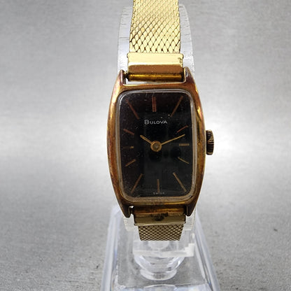 Bulova Tank Watch Women 17mm Black Dial Gold Tone Rectangle Manual Wind Runs VTG0