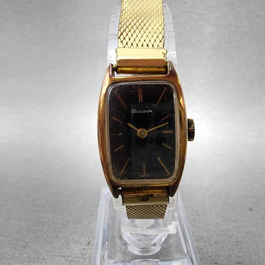 Bulova Tank Watch Women 17mm Black Dial Gold Tone Rectangle Manual Wind Runs VTG0