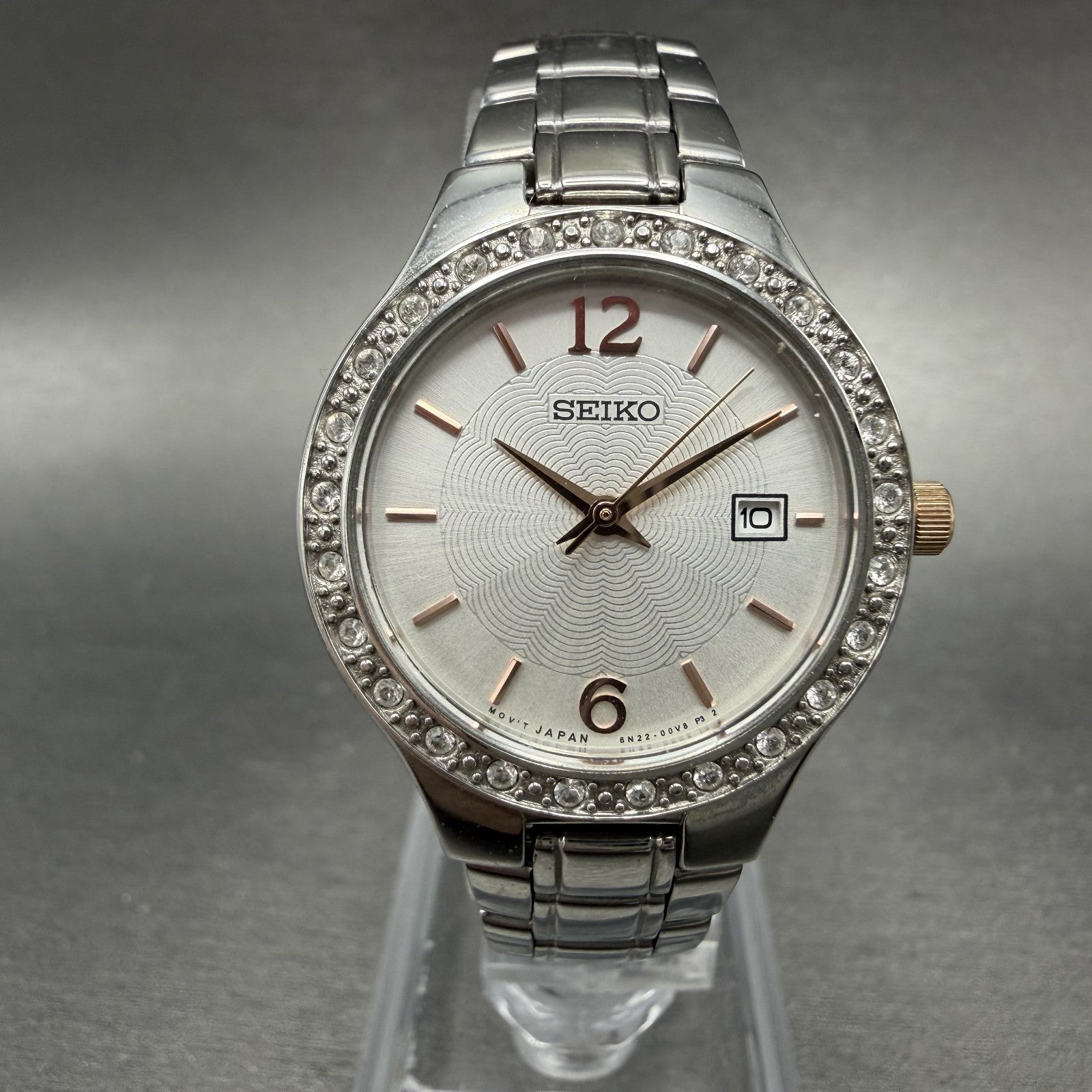 Seiko Watch Women 28mm Silver Dial Silver Tone Round Date 6N22-00D0 New Battery0