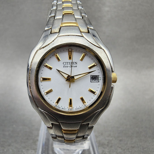 Citizen EcoDrive Watch Women 25mm White Dial Two Tone Date E011S049601 Run0