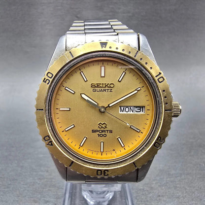 Seiko SQ Sports 100 Dive Watch Men 37mm Champagne Dial Two Tone Daydate PARTS0