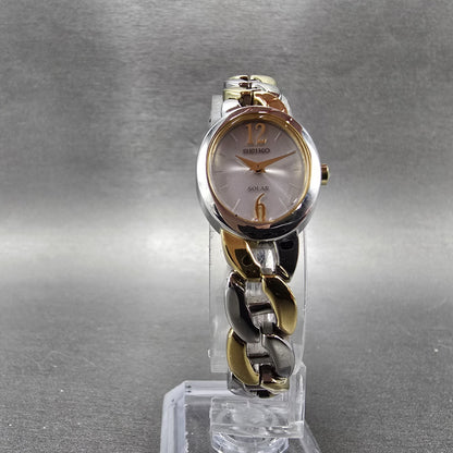 Seiko Solar Watch Women 19mm Silver Dial Two Tone Oval V115-0BY0 Runs5