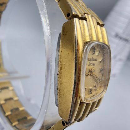Stowa Pallas Watch Women Gold Tone Gold Dial 16mm Rectangle Manual Wind Runs