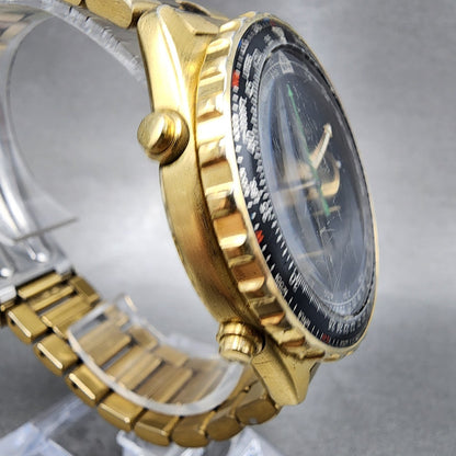 Seiko Flightmaster Chronograph Watch Men 41mm Black Dial Gold Tone READ New Batt